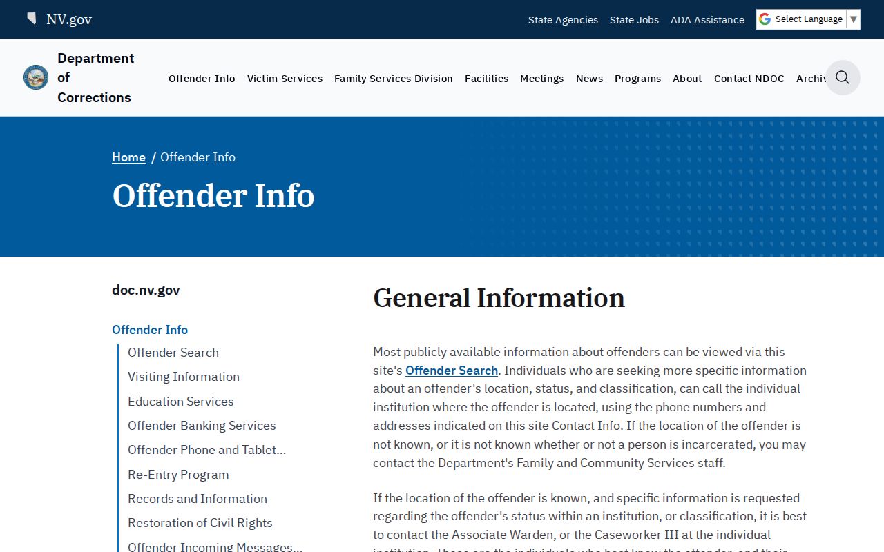 Mina criminal records and NDOC inmate information