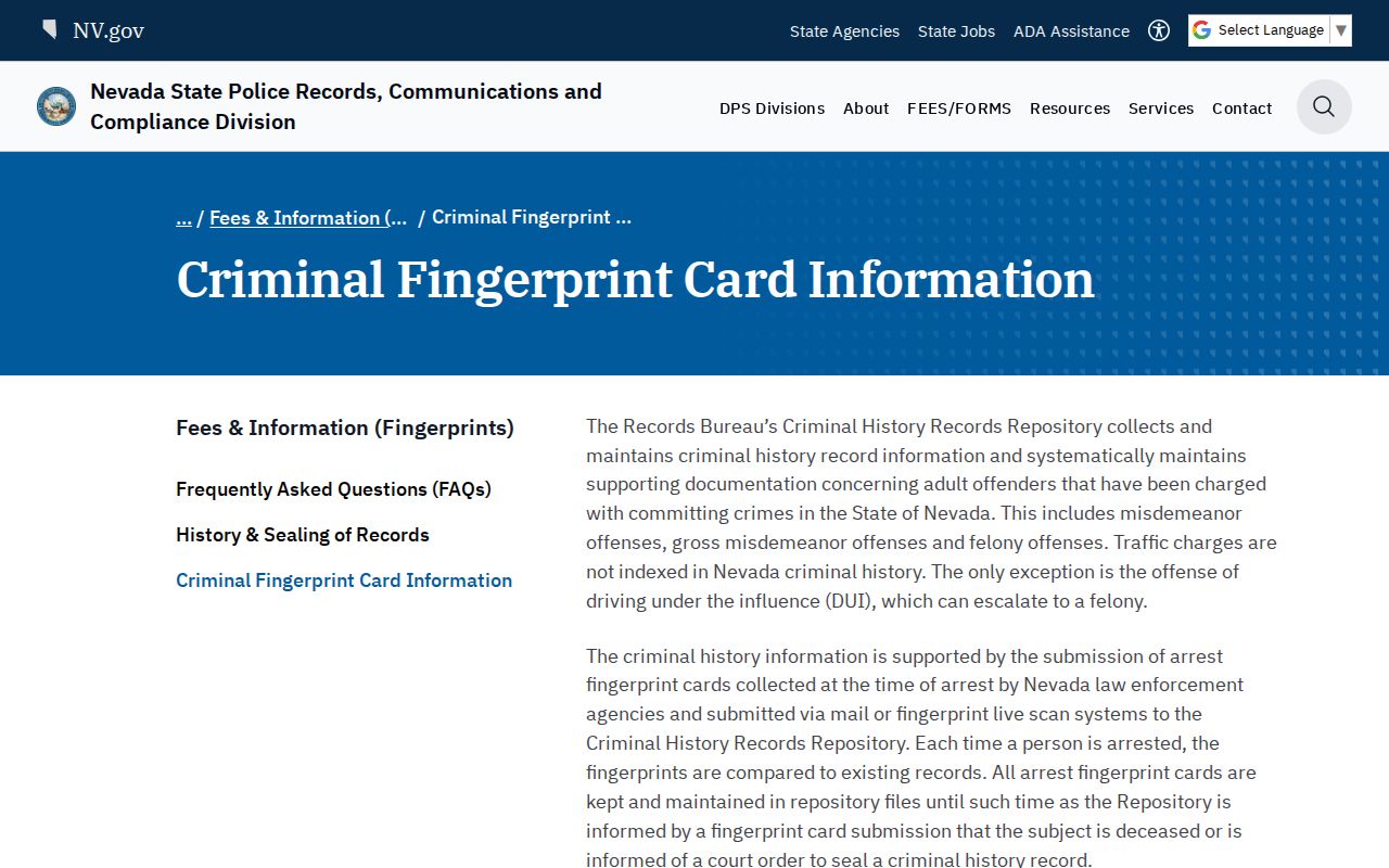 Nevada fingerprint reporting chain for Mineral County arrest records