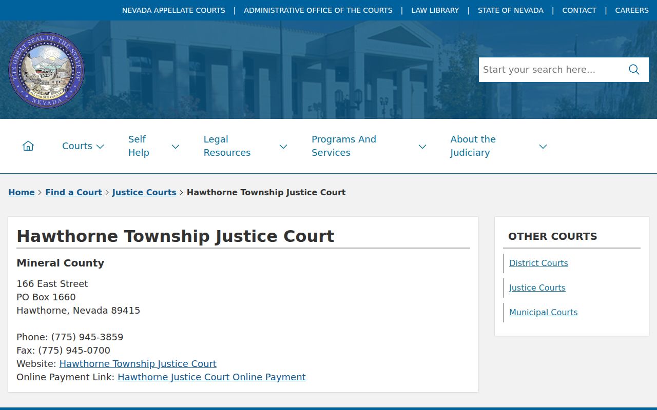 Nevada Judiciary directory for Mineral County criminal cases at Hawthorne Justice Court
